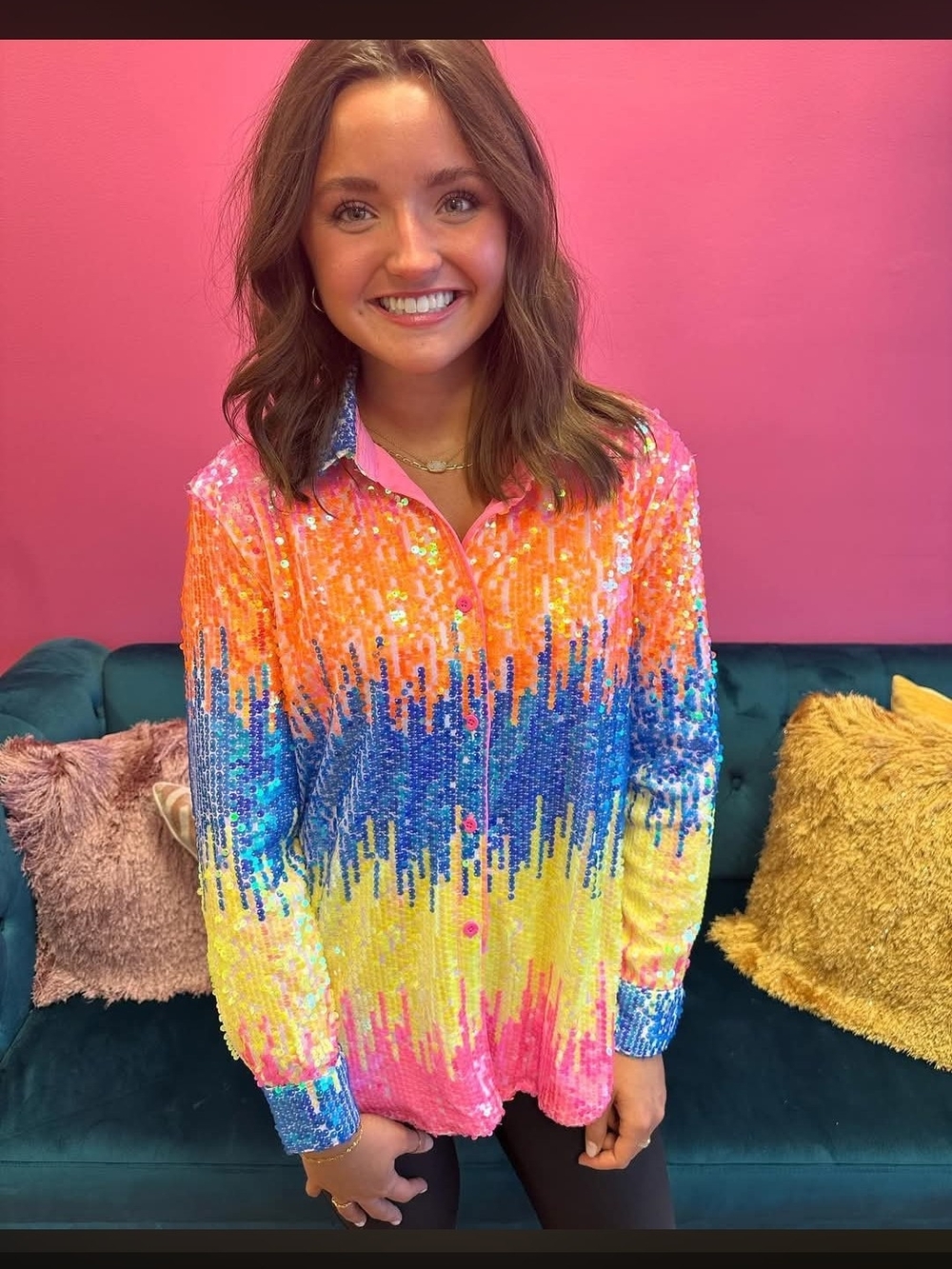 Blue B Sequin Ombre Button-Up Top in Pink, Orange & Blue